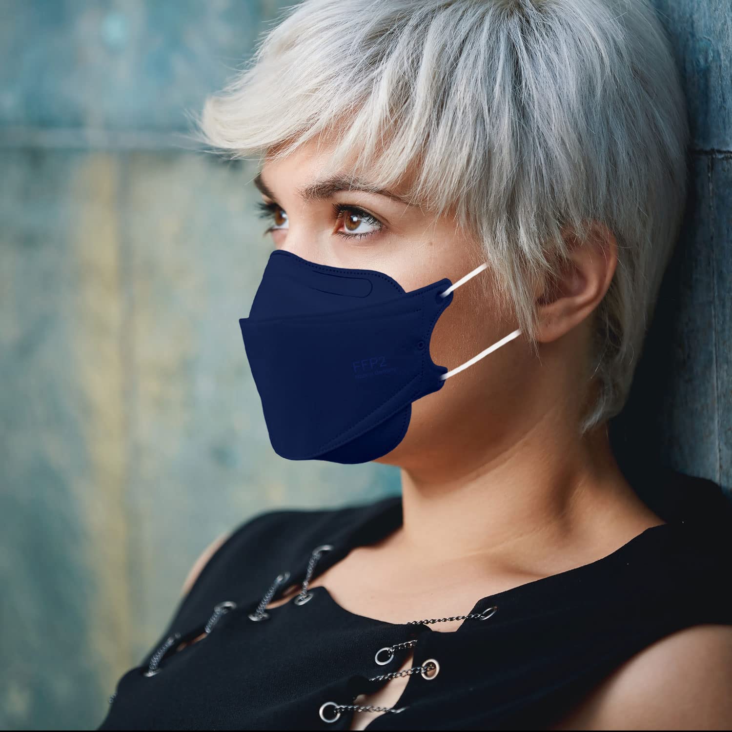 FFP2 Maschera blu scuro a forma di pesce, 20 pezzi, Made in Germany, certificazione CE, morbidi passanti per le orecchie, fascia elastica, maschera di protezione respiratoria per pesci