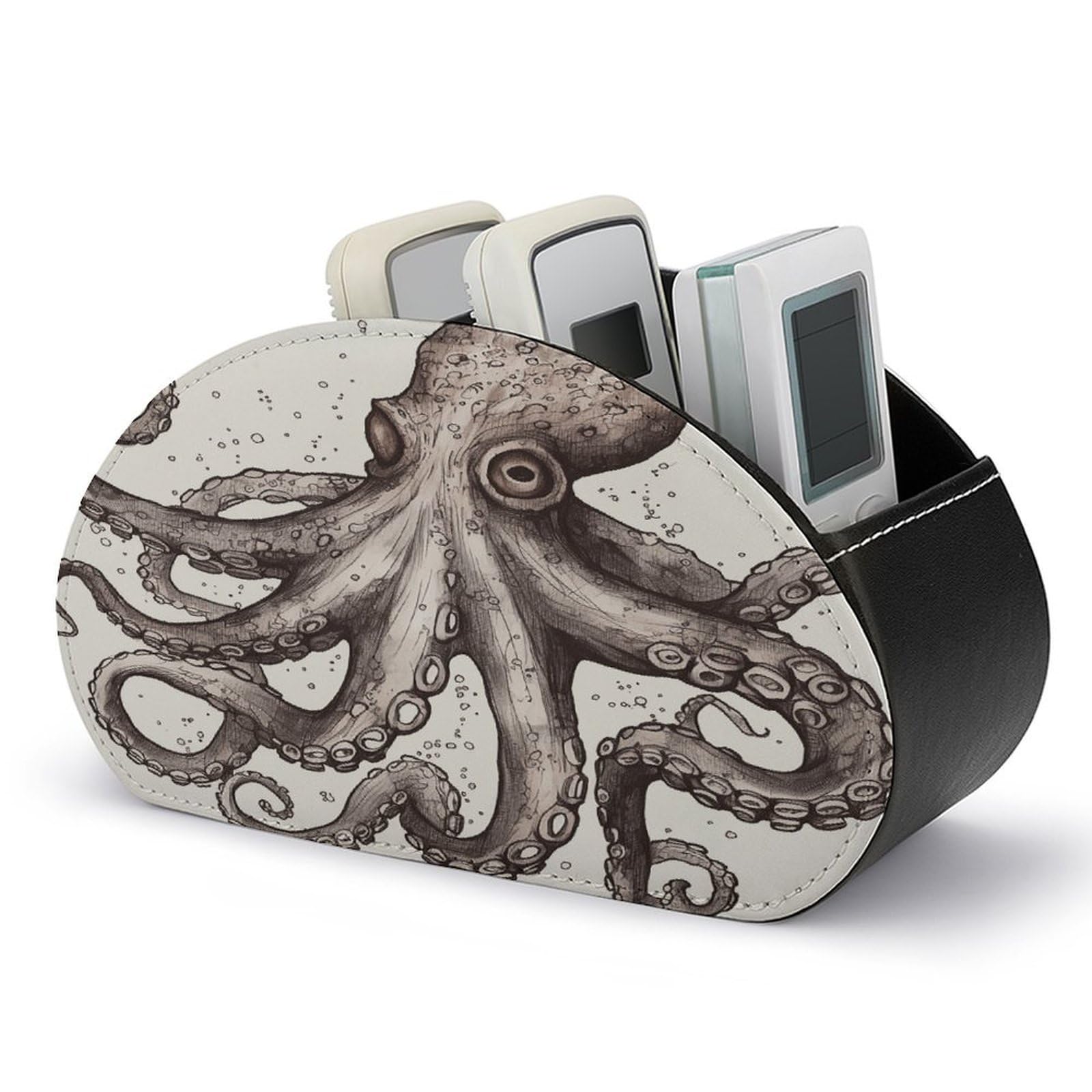 VstaDank Octopus Remote Control Holder with 5 Compartments Pu Leather TV Remote Caddy Storage Box Desktop Organizer Store Controller DVD Brush Pens Glasses&Office Supplies