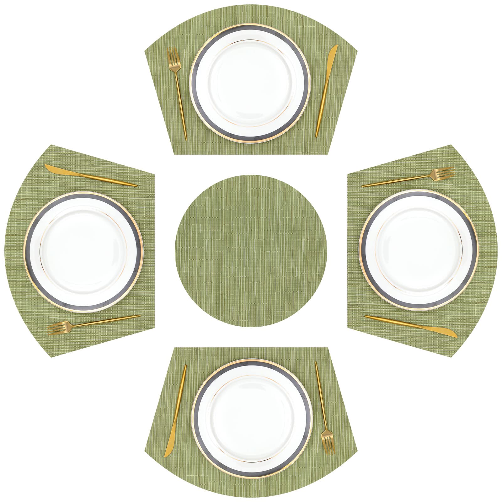 SHACOS Large Size Wedge Shape Placemats with Centerpiece Round Mat Set of 5 Round Table Place Mats Washable Dining Table Placemats Reversible, Green