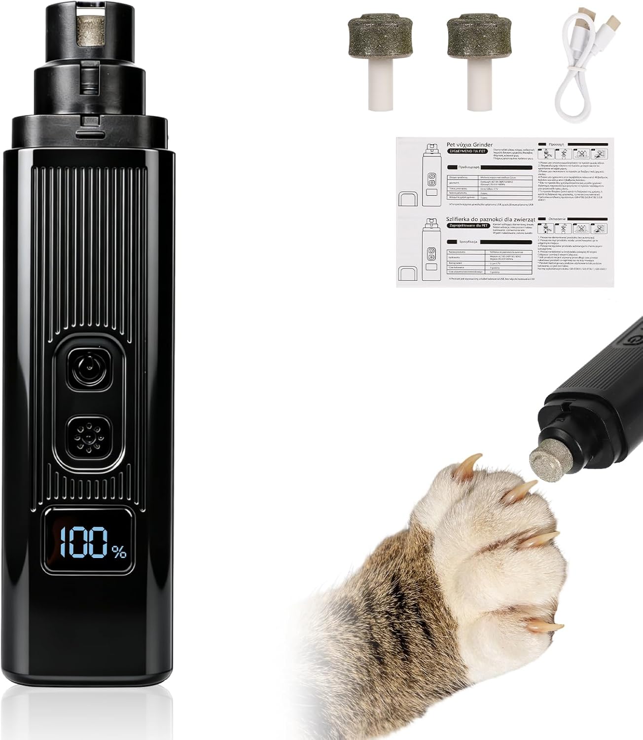 Safe Cut Cat Nail Trimmer,Two Adjustable with 360° Grinding Settings,Cat Nail,Dog Nail Trimmers,Low-Vibration Ultra-Quiet,Powerful Enough for All Dogs/Cats(Black)