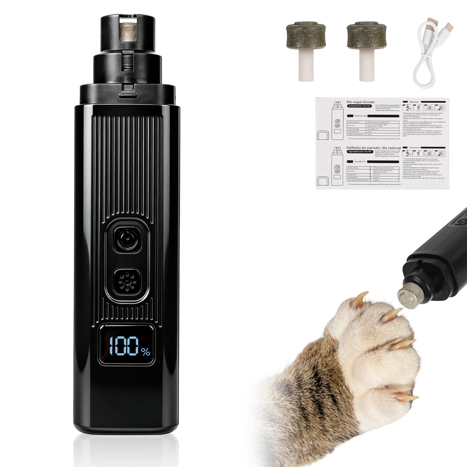 Safe Cut Cat Nail Trimmer,Two Adjustable with 360° Grinding Settings,Cat Nail,Dog Nail Trimmers,Low-Vibration Ultra-Quiet,Powerful Enough for All Dogs/Cats(Black)