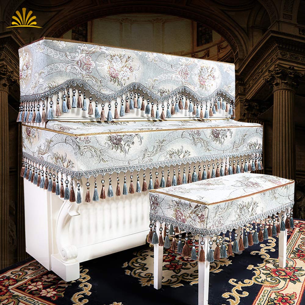 Set Di Coperture Per Pianoforte In Tessuto,lusso Europeo Chenille Jacquard Copertura Polvere Pianoforte Insieme Di 3 Con Nappe E Perline Di Cristallo Per Tastiera Sgabello In Alto Blu Rivestimento