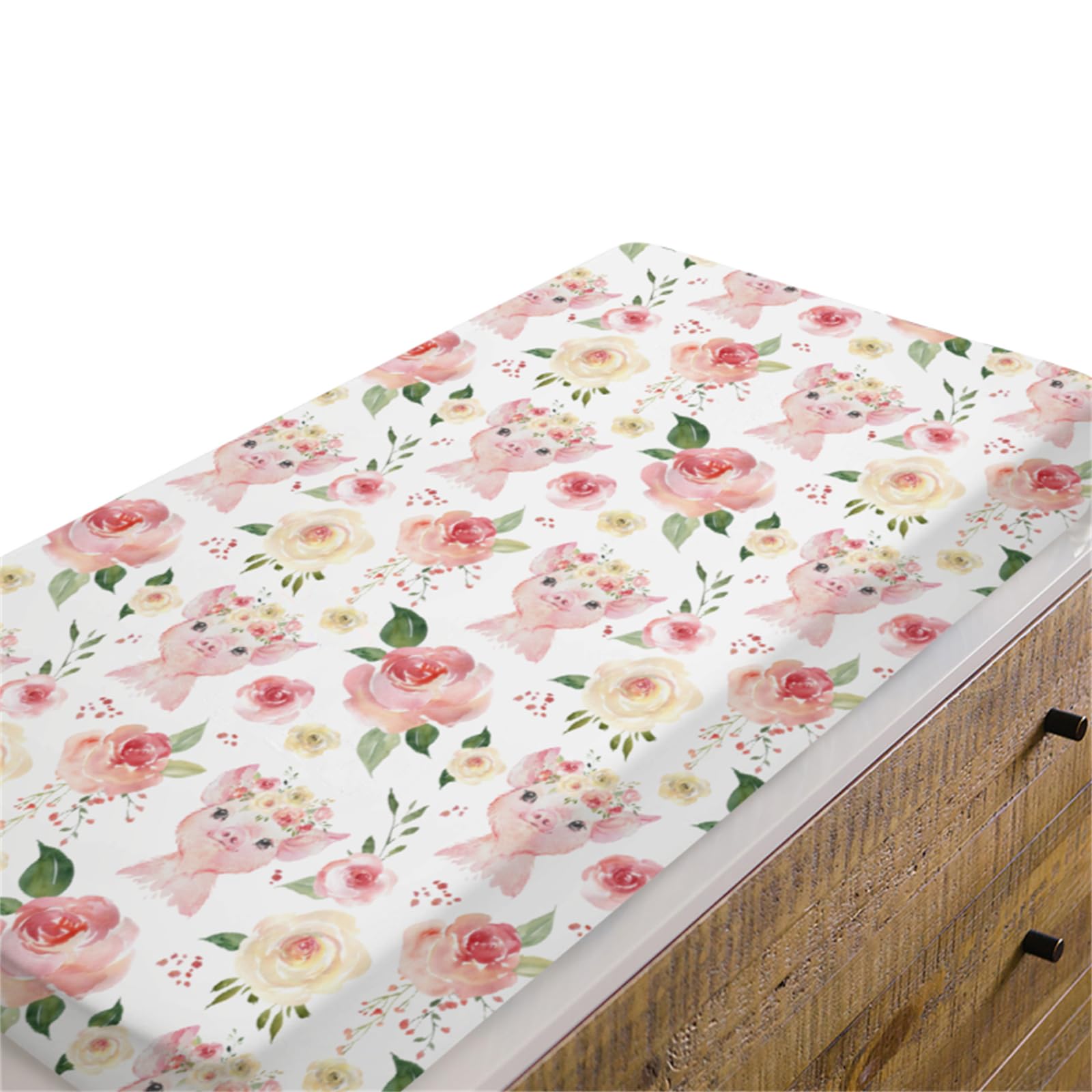 EyMzcod Baby Girls Changing Pad Covers Pink Pig Floral, Watercolor Rose Flower Farm Animal Safe Snug Fitted Diaper Table Sheet, Soft Breathable Stretchy Change Mat Fit 32 34 x 16