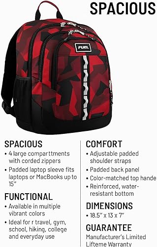Miniatura 8 de FUEL Mochila unisex grande con múltiples bolsillos y parte inferior resistente al agua, Rojo (Red Camouflage), Escuela