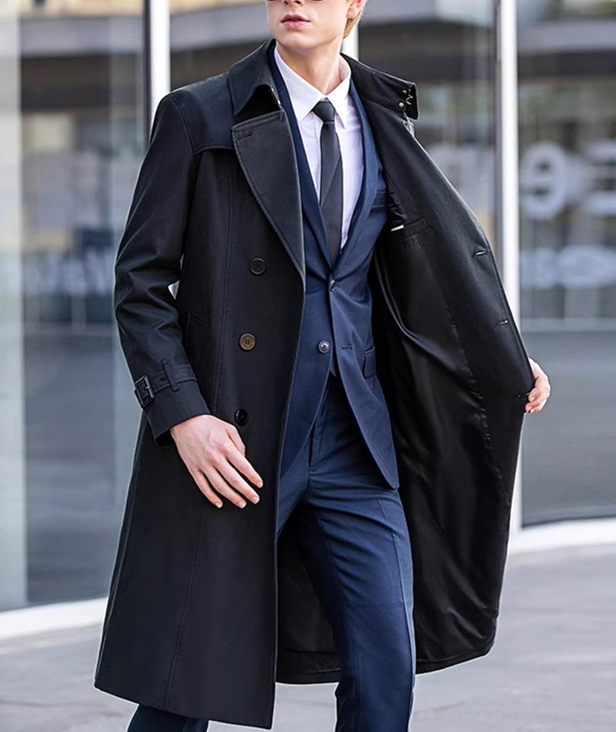 SOMTHRON Men's Trench Coat Slim fit Double Breasted Belted Windbreaker Notched Lapel Long Jacket Windproof Overcoat - Image 4