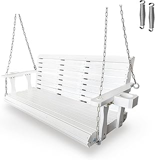 Wooden Porch Swing 3-Seater, High Backrest and Deep Seat, Bench Swing with Cupholders, Hanging Chains and 7mm Springs, Heavy Duty 880 LBS, for Outdoor Patio Garden (Pure White, 5 FT Extra Large)