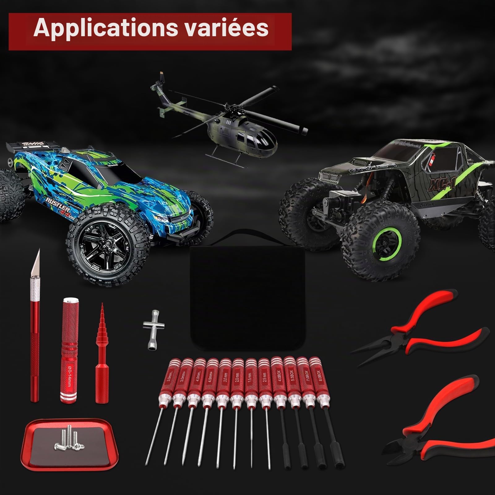 Kit d'outils RC 19 en 1 - Tournevis RC - Écrou Hexagonal Hexagonal - Tournevis cruciforme - Pince RC - Kit de réparation pour 1/8 1/10 Traxxas Axial Arrma DJI - Rouge