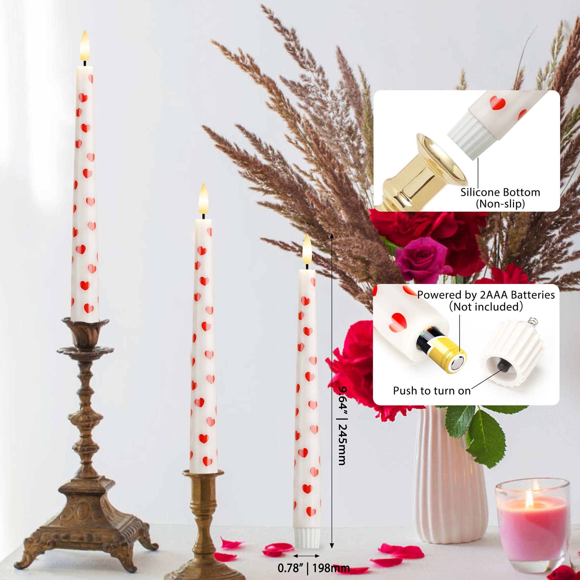 AFINETH Valentine Day Flameless Taper Candles with Heart, 9.6