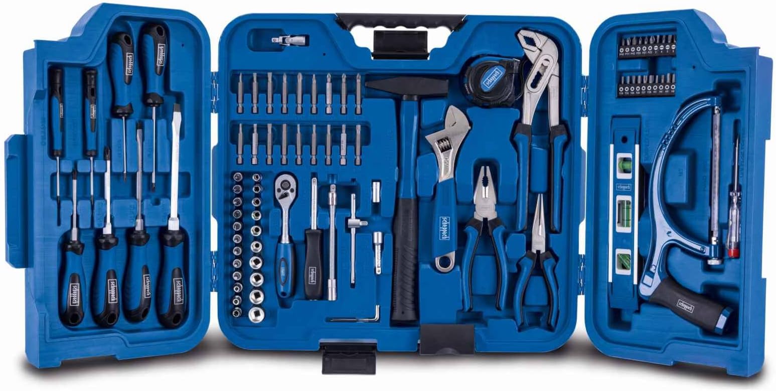 Scheppach TB99 Tool Box Filled 90-Piece Tool Set | Workshop Case Equipped with Wrench, Hammer, Pliers, Screwdriver, Tool Box Foldable for Workshop and Household