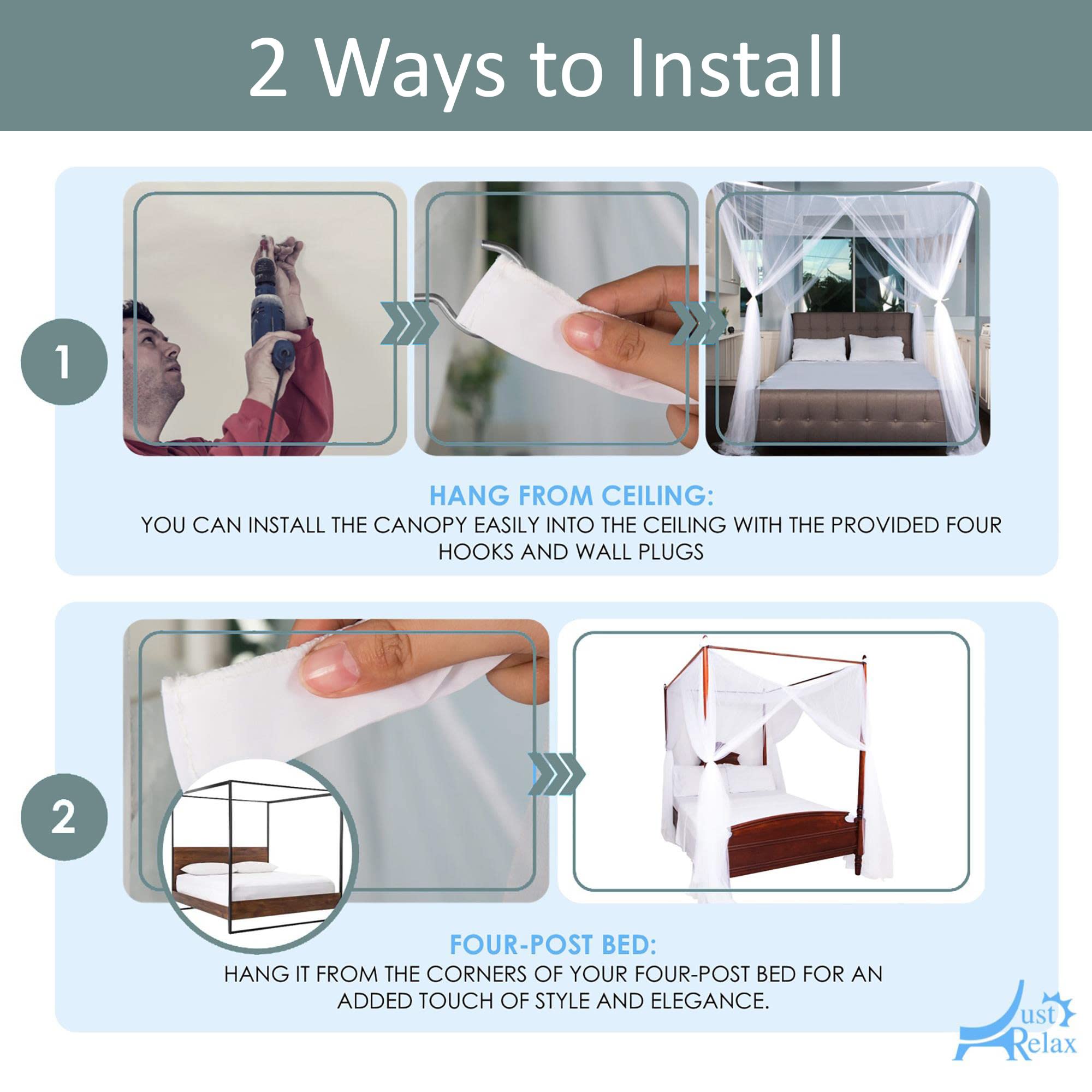 Just Relax Four Corner Post Decorative Bed Canopy NET Set, Can be Used with Four-Post Bed or Without, Includes Mounting Hardware, Full/Queen/King Beds, Yellow, 86.6x78.7x98.4 Inches