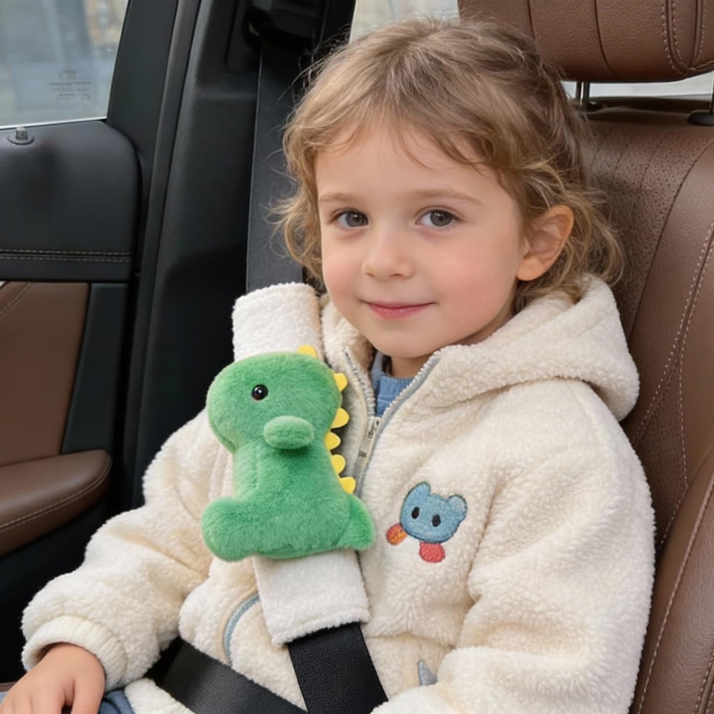 2 PCS Seat Belt Cover Pad, Cute Dinosaur Seatbelt Covers for Kids, Winter Plush Fluffy Soft Seatbelt Cushion, Car Seat Strap Pads (Pink+Green)