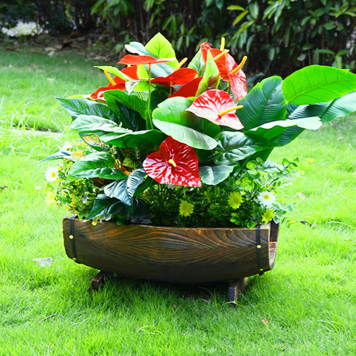 Tofficu Rustikaler Blumentopf Halbes Fass mit Sockel Vielseitig Verwendbar für Garten und Dekoration in Kaffee Farbe für Sukkulenten und Pflanzen