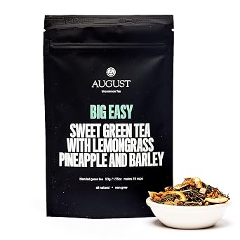 August Uncommon Big Easy Loose Leaf Tea Pineapple and Caramel Sweet Green Tea with L-Theanine All-Natural, Non-GMO for Tea Lovers Cake-Inspired Flavor in a Resealable Pouch 1.8oz