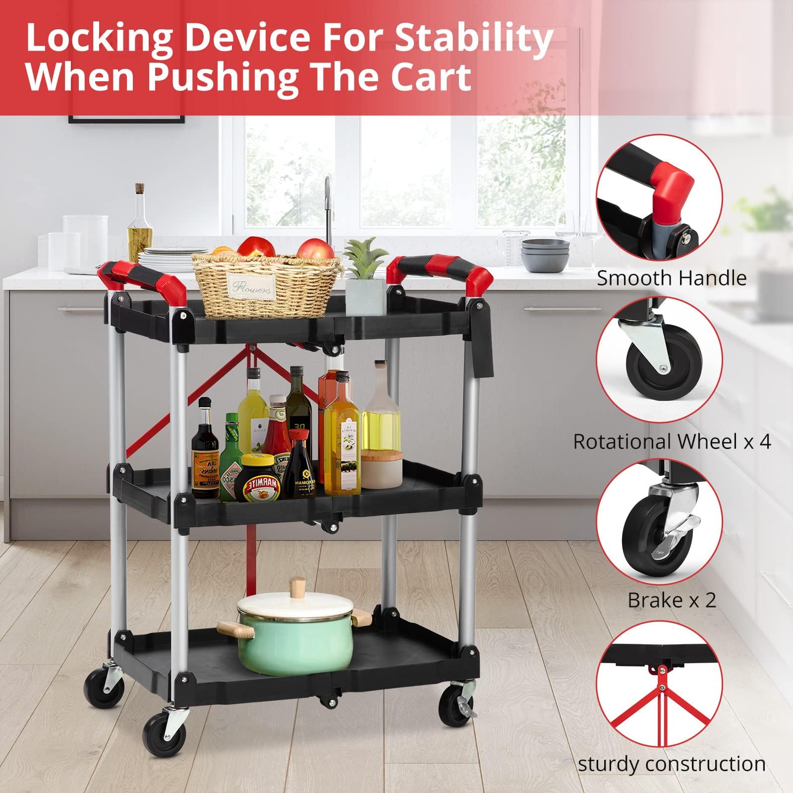 Chariot Pliable à 3 Niveaux, Chariot de Service à roulettes, Capacité 75 kg, Chariot de Cuisine Compact pour la Maison, Le Bureau, Le Garage, 60 x 38 x 83 cm, Noir