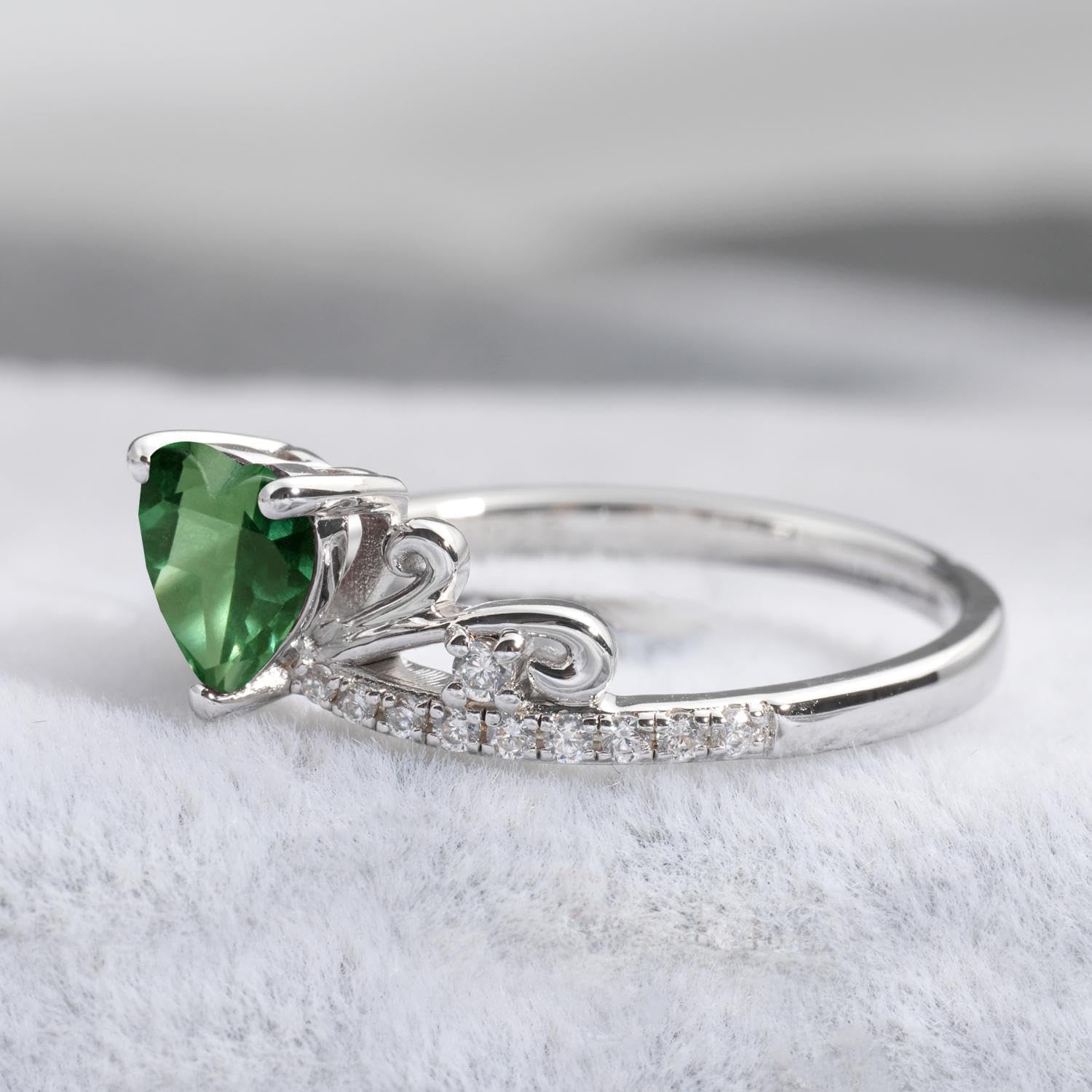 LUO Heart Shaped Gemstone Ring for Women, Rhodium Plated 925 Sterling Silver 6x6mm Engagement Ring, Vintage Curved Anniversary Wedding Promise Ring Size 3-13