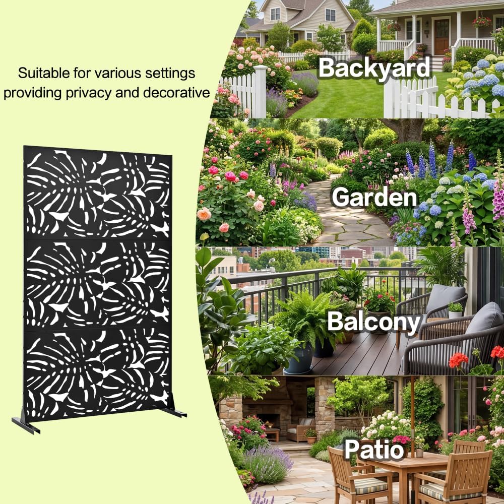 Freestanding Decorative Metal Privacy Screen for Balcony Patio and Garden, 3.3ft x 6ft Indoor Outdoor Divider with Elegant Laser-Cut Leaf Pattern