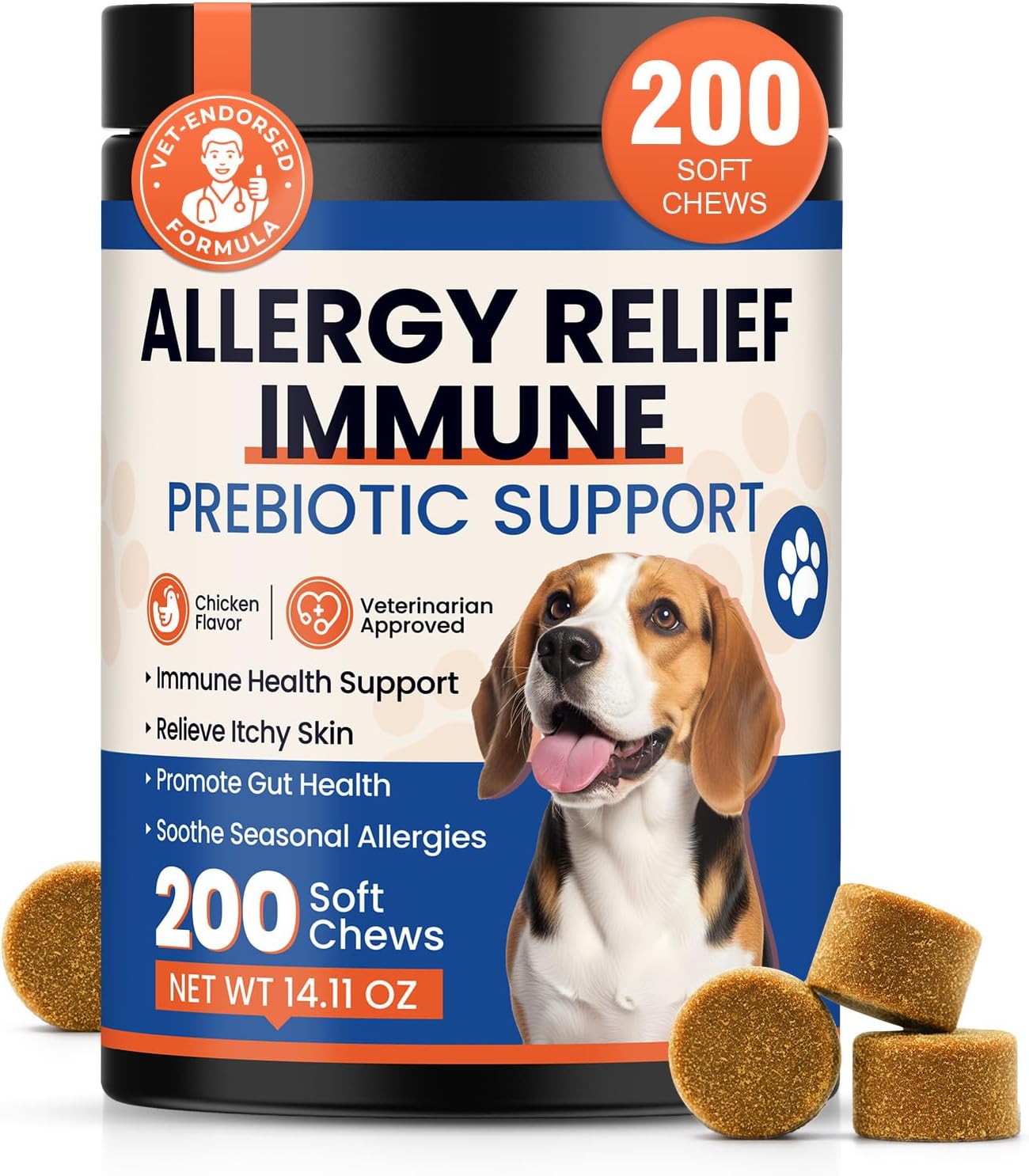 Dog Allergy Chews 200 Ct - Itch Relief for Dogs Immune Support with Colostrum Probiotics & Omega 3 - Seasonal Allergies Anti-Itch Skin & Coat Supplement, Itchy Skin & Paw Relief Bites - Chicken Flavor