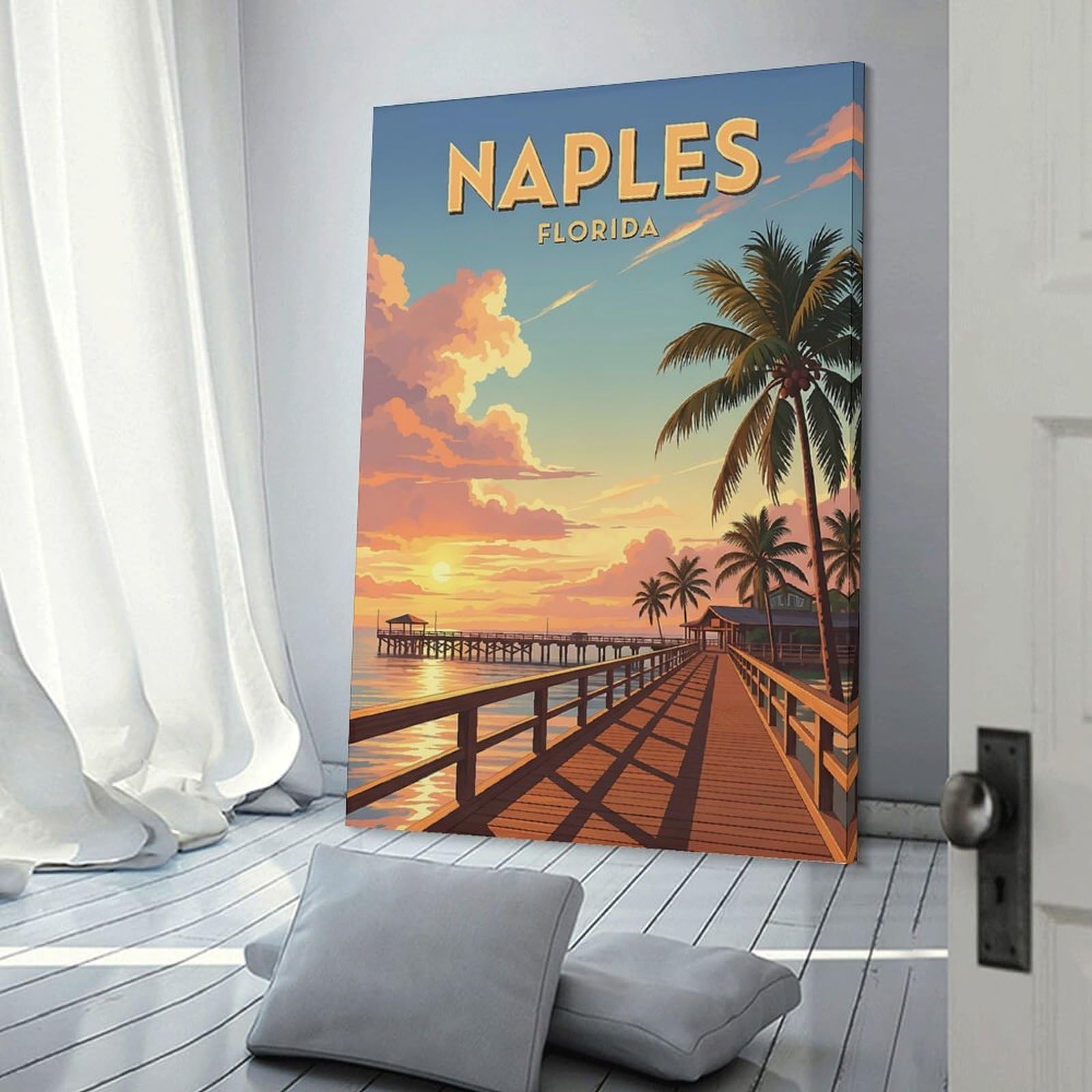 Junmoney Frame-Style-21 Canvas Art Print Vintage Naples Florida Pier Sunset Wall Art Decor, 24X36inch(60X90cm), For Contemporary Homes, Apartments Or Offices, Decorative Canvas Decor For Home Updates