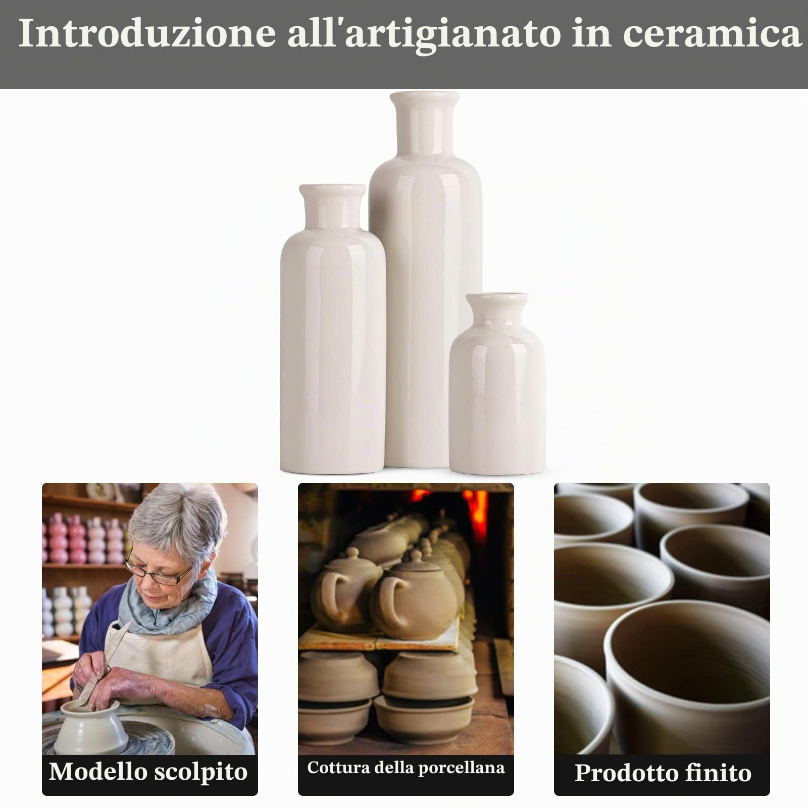Set di 3 vasi in ceramica, casa colonica in ceramica bianca screpolata, piccoli vasi per decorazioni per la casa di campagna, soggiorno, tavolo da pranzo, caminetto e centrotavola per l'ingresso