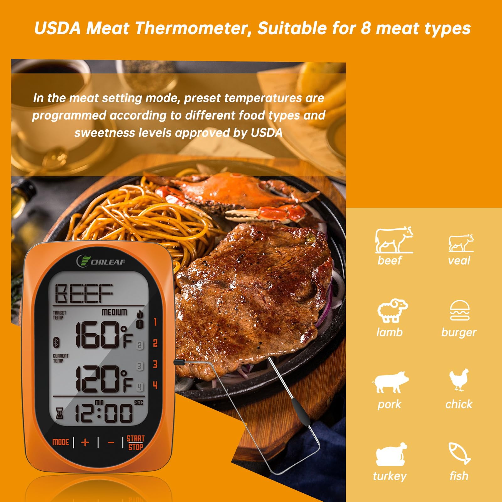 Meat Thermometer Digital Instant Read Food Thermometer Grill Thermometer Smart Bluetooth BBQ Thermometer Oven Thermometer with 4 Probes Time Mode Temper Mode for Grill Candy Meat Oven Food Smoker