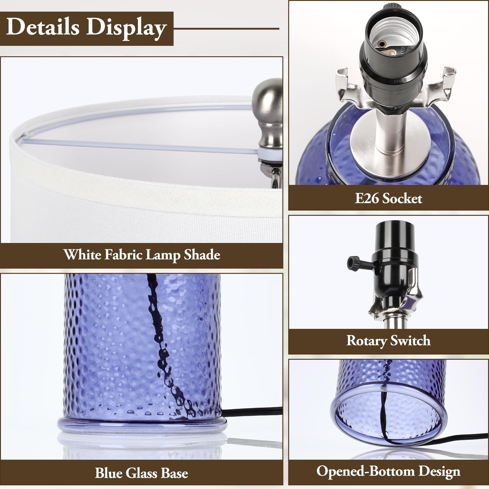 TOBUSA Blue Glass Table Lamps for Bedroom Set Of 2, Modern Bedside Lamp with White Linen Lampshade, Nightstand Blue Table Lamp for Living Room End Table Reading Desk, Easy Rotary Switch, No Bulb