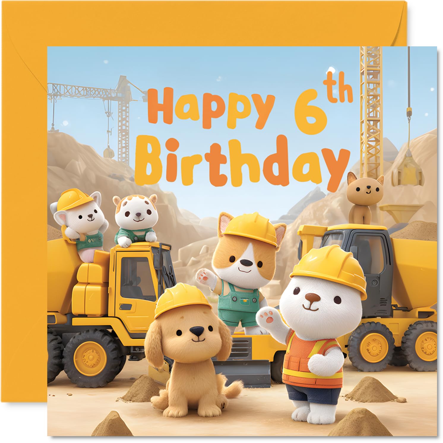 6th Birthday Cards for Girls Boys - Kids Construction Animals - Happy Birthday Card for 6 Year Old Girl Boy Grandson Cousin Son Niece, 145mm Bday Greeting Cards