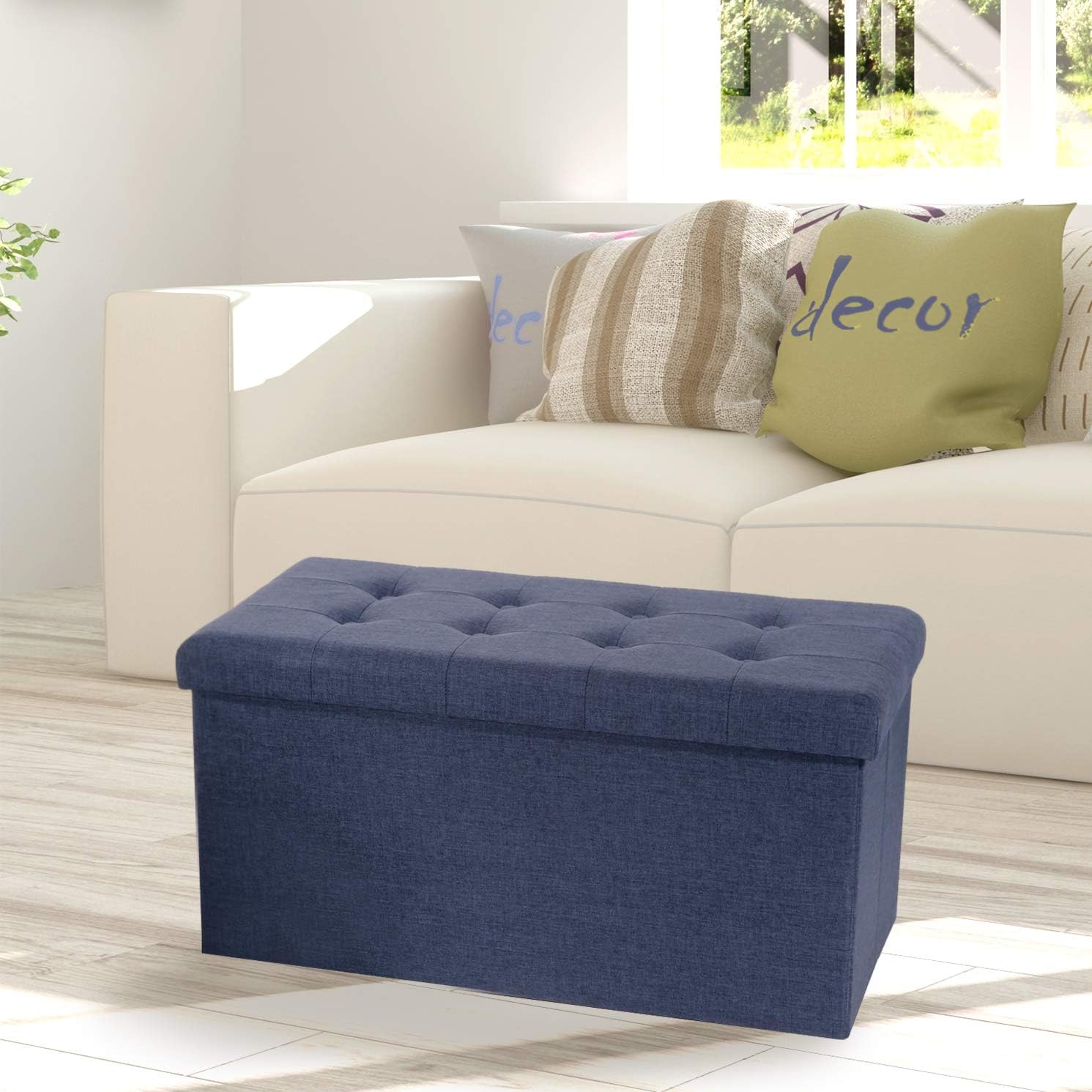 Seville Classics Foldable Tufted Storage Bench Ottoman, Midnight Blue & Sturdy Freestanding Storage Shelf, 2-Tier, Countryside Aspen Slat