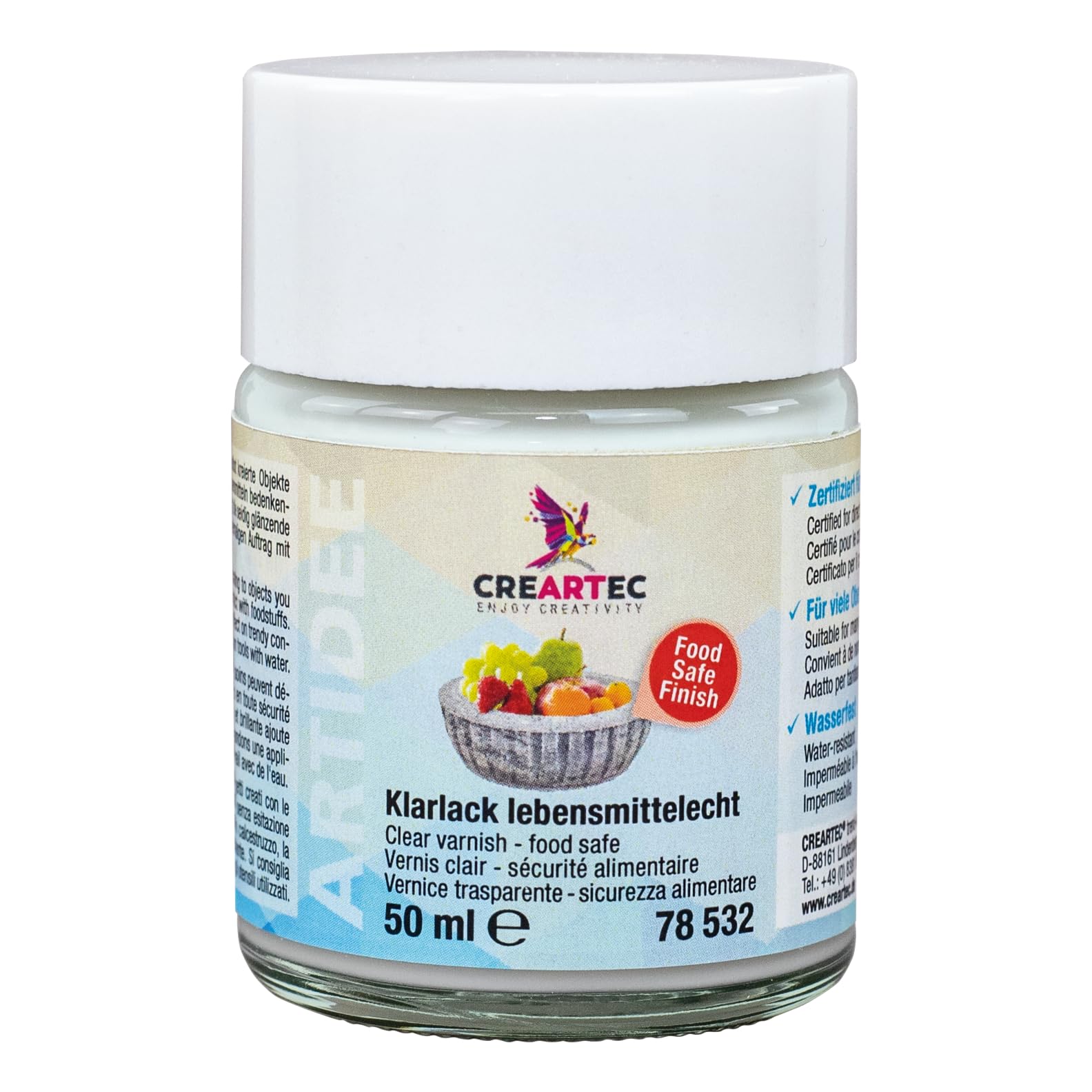 Artidee CREARTEC Universal Klarlack lebensmittelecht – geruchsneutral und wasserfest (50 ml) – Made in Germany