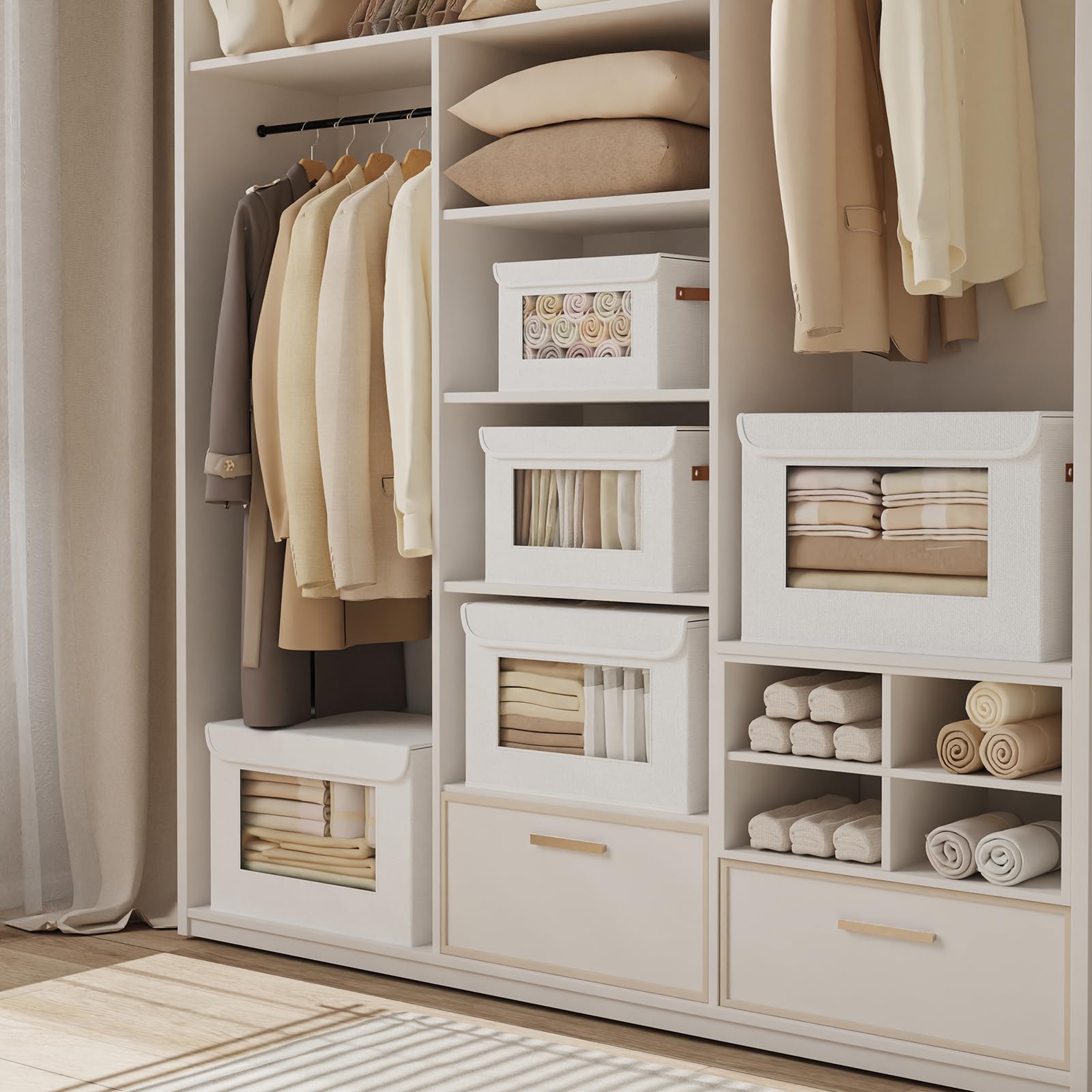 3 pezzi Scatole Portaoggetti Pieghevoli, Bianco, 38×25×25cm | Contenitori per Armadio Salvaspazio,Scatola con Coperchio, Organizzatore Cassetti,Organizer Armadios con Finestra
