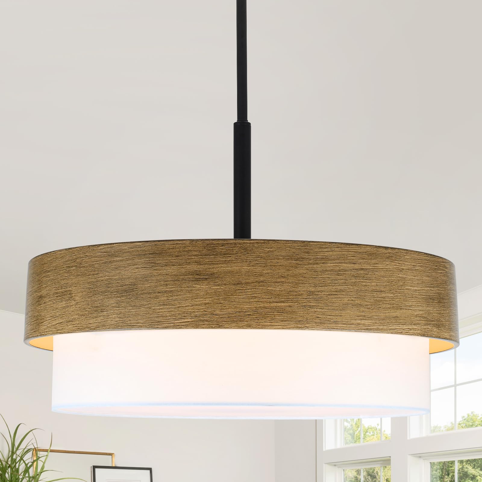 23.6" large rustic drum chandelier, 6-light wood texture pendant lighting with white fabric shade, farmhouse chandeliers for dining room, kitchen island, bedroom, living room, office