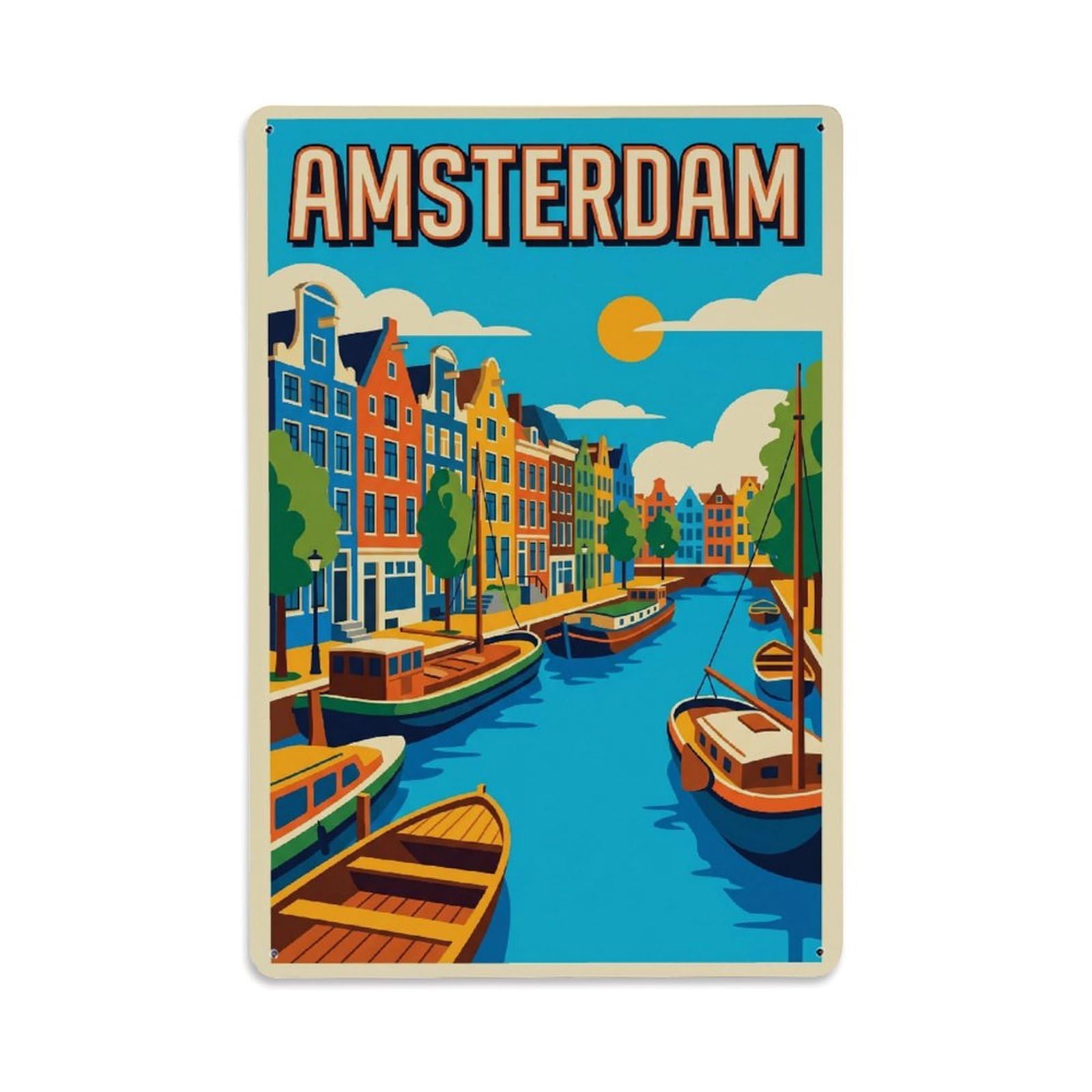 Okngb Style Canal Waterfront Classic Amsterdam Tourism Quay Harbor Metal Tin Sign Plaque Wall Decor For Cafe, Man Cave, Club Bar, Office, Home Garden Round Metal Poster 8X12inch