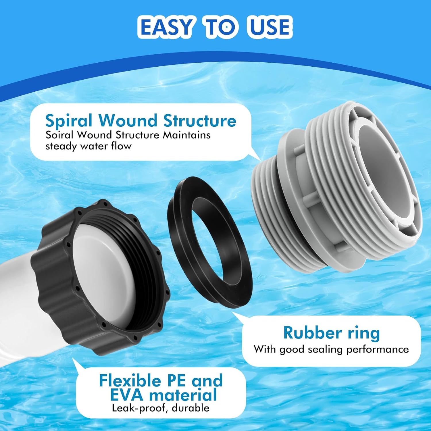 3 Pack 1.5''x59'' 29060e Flexible Pool Filter Pump Hose Kit for Above Ground Pools, with 1.5'' 3-way Connector, 3 4560 Conversion Adapters 40mm to 1.5'' for Sand Filter, Saltwater System(White)