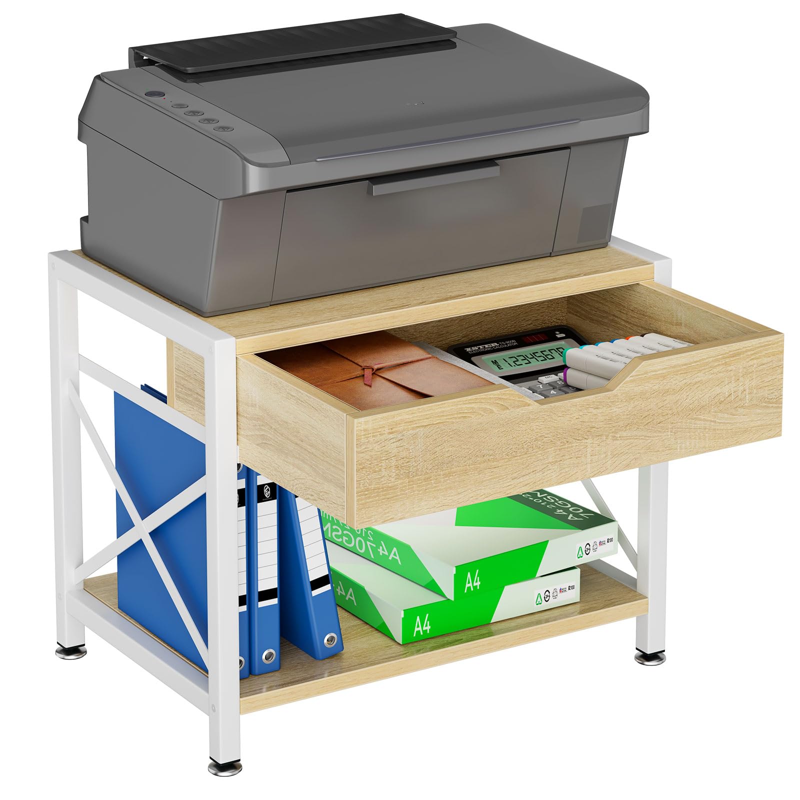 IBUYKE Soporte para impresora de escritorio de 2 niveles, organizador de escritorio multiusos, soporte de madera para impresora con cajón de almacenamiento para carpetas, libros, para máquina de fax,
