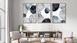 NINEASO Abstract Geometric Framed Wall Art – Deep Blue and Brown Minimalist Canvas Pictures Indigo Shapes Painting Artwork for Living Room, Office & Home Wall Decor 60 x 40cm * 3, Natural Wood Frame