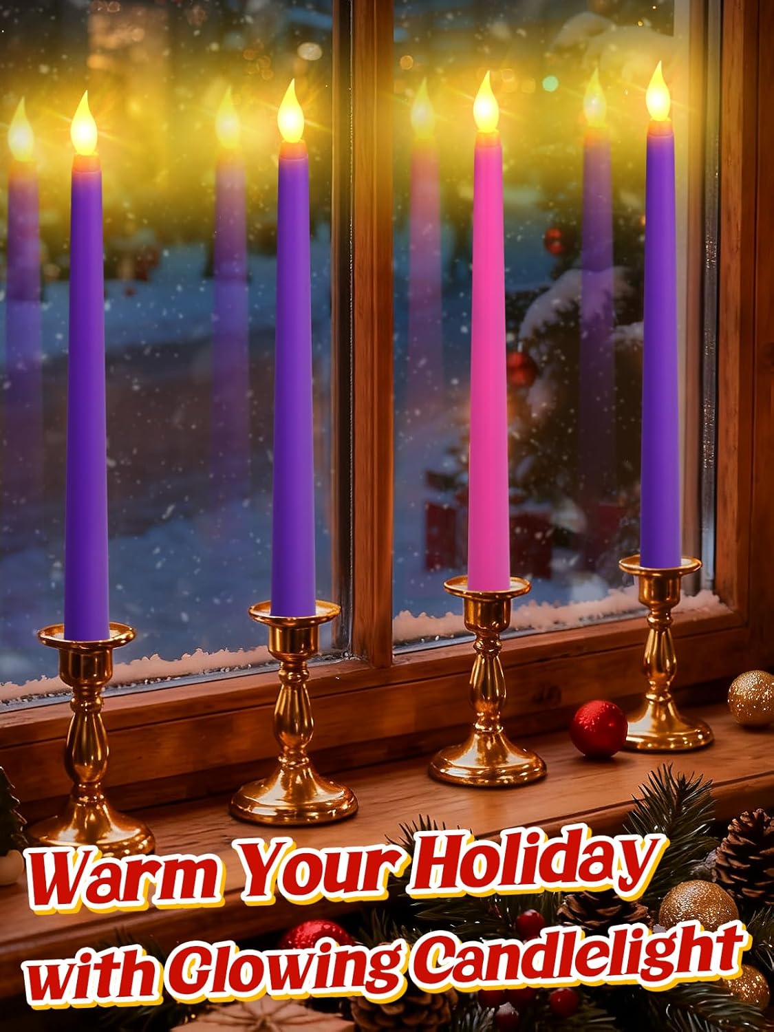 Battery Operated Advent Candles Set of 4 - Advent Taper Candles with Timer, 3 Purple and 1 Pink Flickering Taper Candle for Christmas Church Wreath Rituals