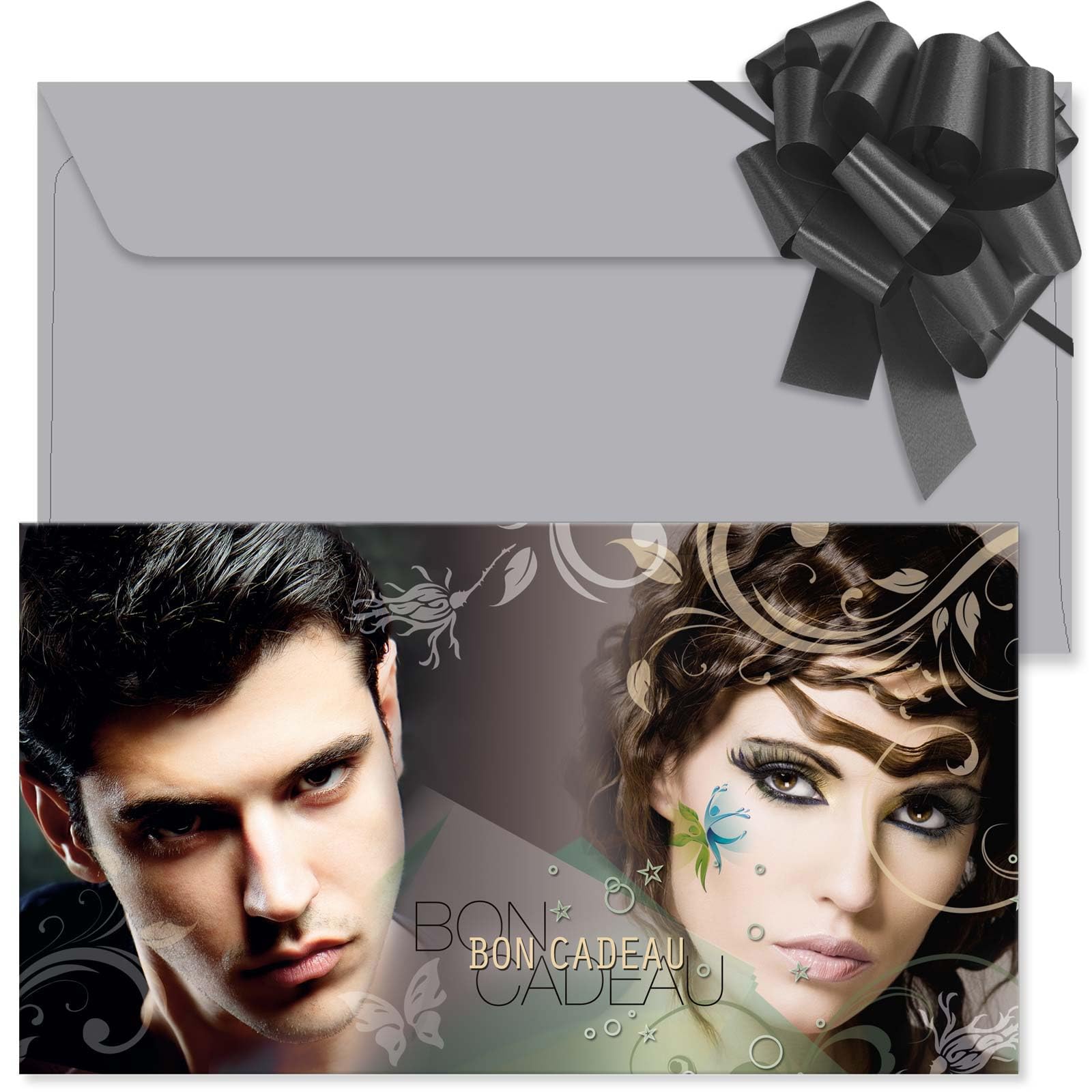 POS BON - 100 bons cadeaux à remplir avec enveloppe/nœud ruban - formulaires imprimés pour des salons de coiffure K1706F2-100-V1