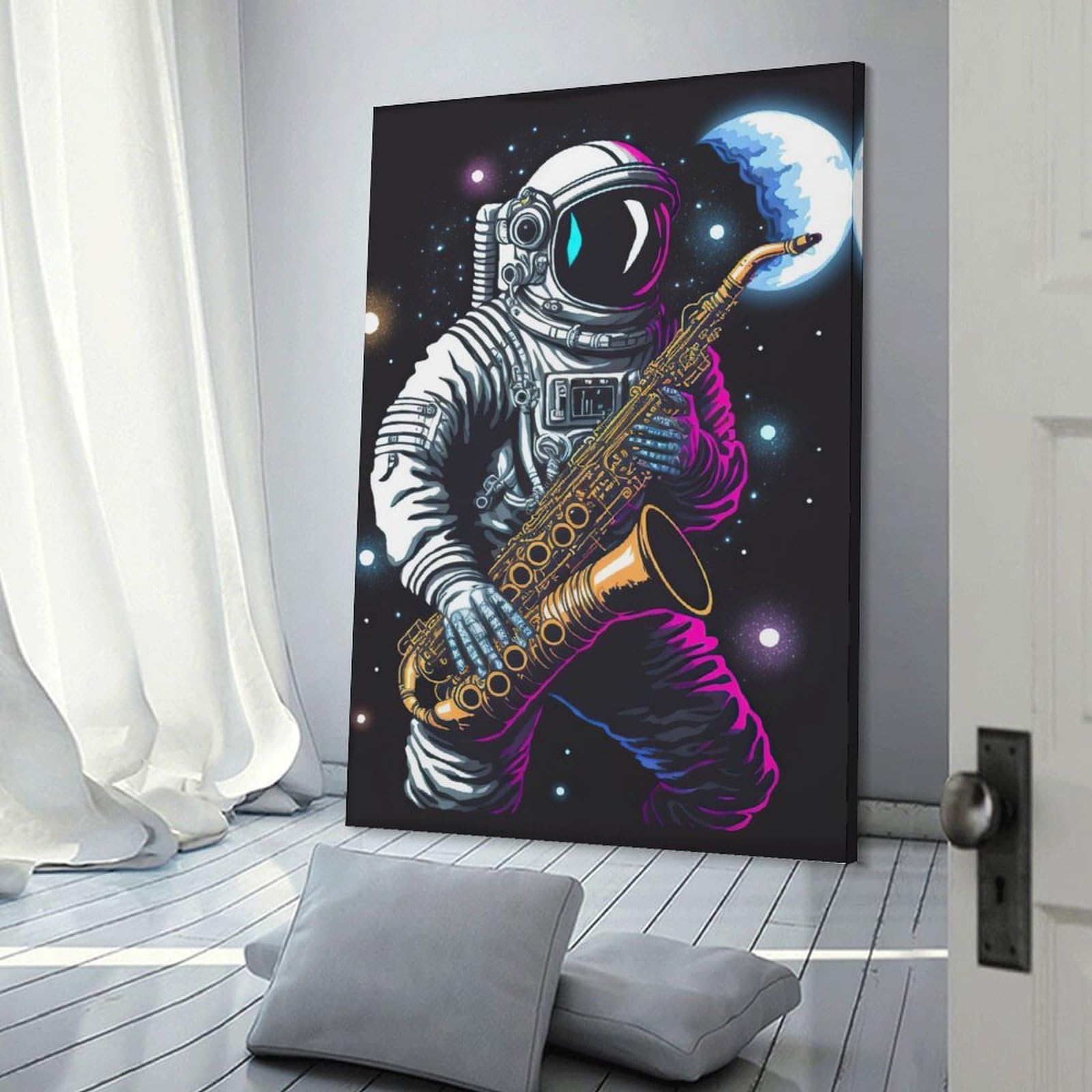 Junmoney Frame-Astronaut Playing Saxophone In Space -2 Astronaut Playing Saxophone In Space -2 Canvas Art Print 20X30inch(50X75cm), For New Homes, Bedrooms Or Workspaces, Gift Idea For Housewarming And Birthdays