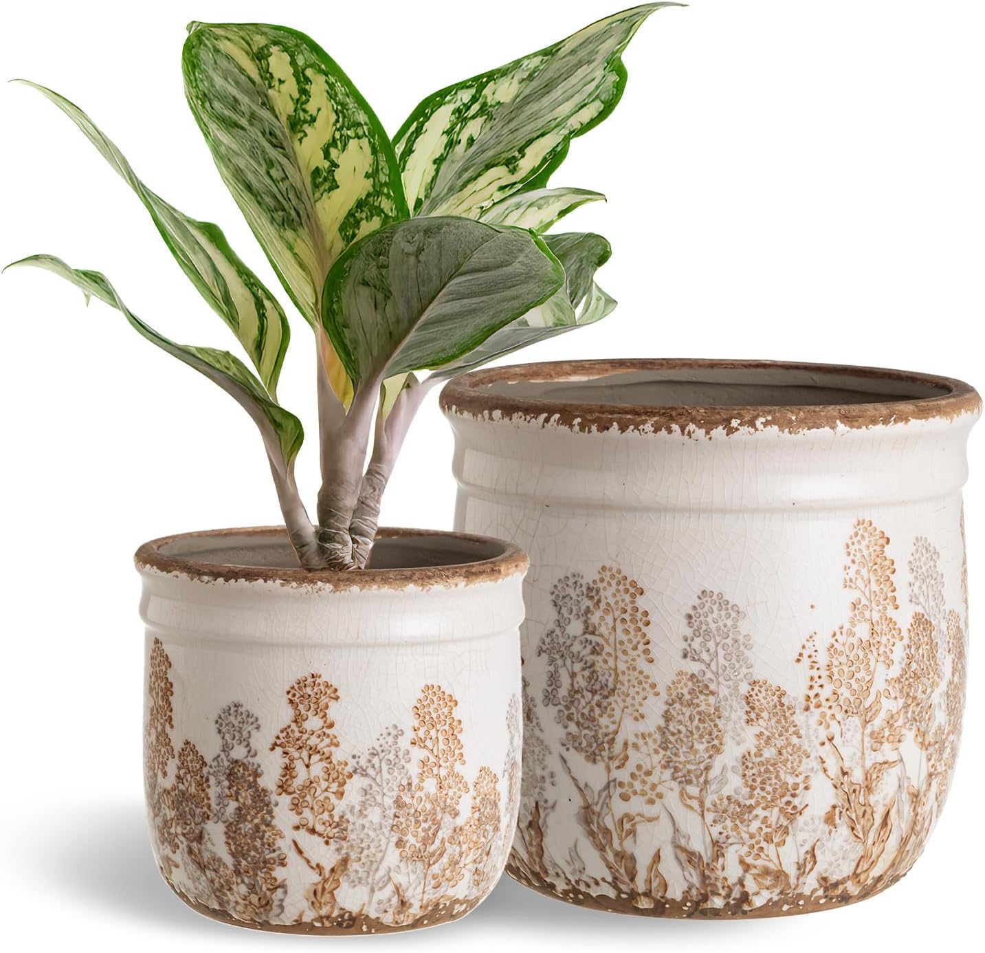SUREYUESI Set of 2 Vintage Ceramic Planters for Indoor Plants - 4.7+5.7 Inch Rustic Brown Flower Pots No Drainage, Home Decor