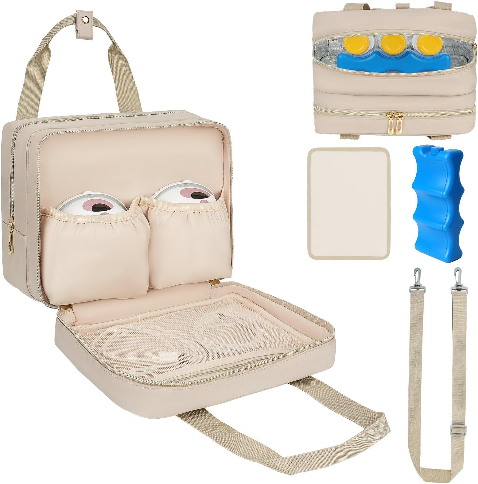 Breastmilk Cooler Travel Bag, Wearable Breast Pump Storage Bag Compatible with Momcozy/Eufy/Elvie/Willow/Medela Breast Pump with Ice Pack and Waterproof Mat,Khaki
