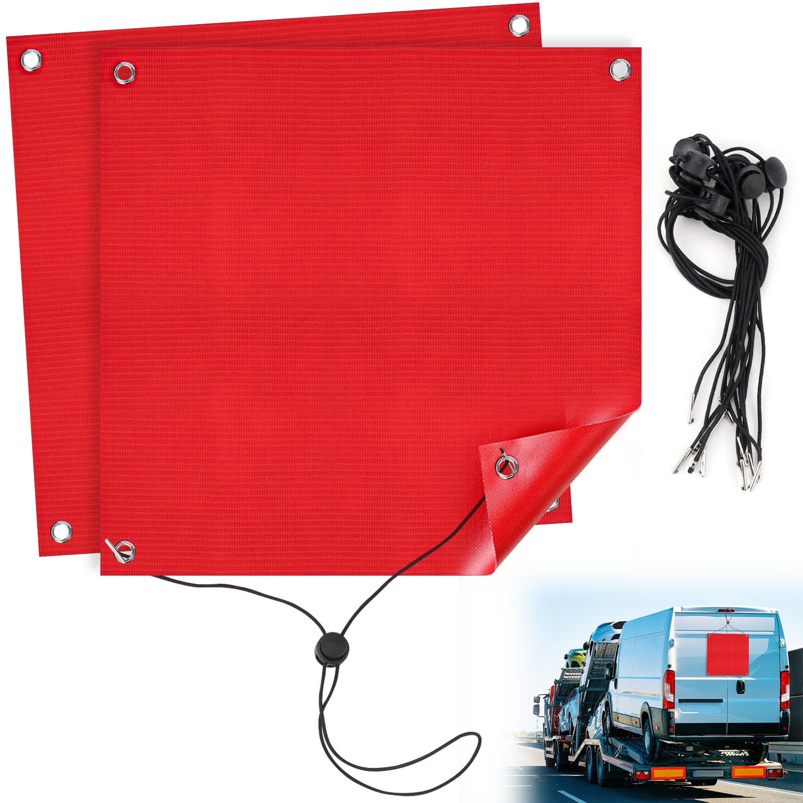 2 Drapeaux D'Avertissement Rouges 30x30 Cm - PVC Imperméable, Avec Corde Élastique Et Crochets, Pour Charges Dangereuses - 10