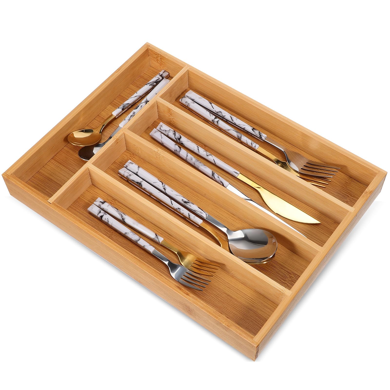 Organizador de Cubiertos de Cocina de Compartimentos Multifuncionales y Diseño Elegante para Ordenar Cajones y Cocina Marrón