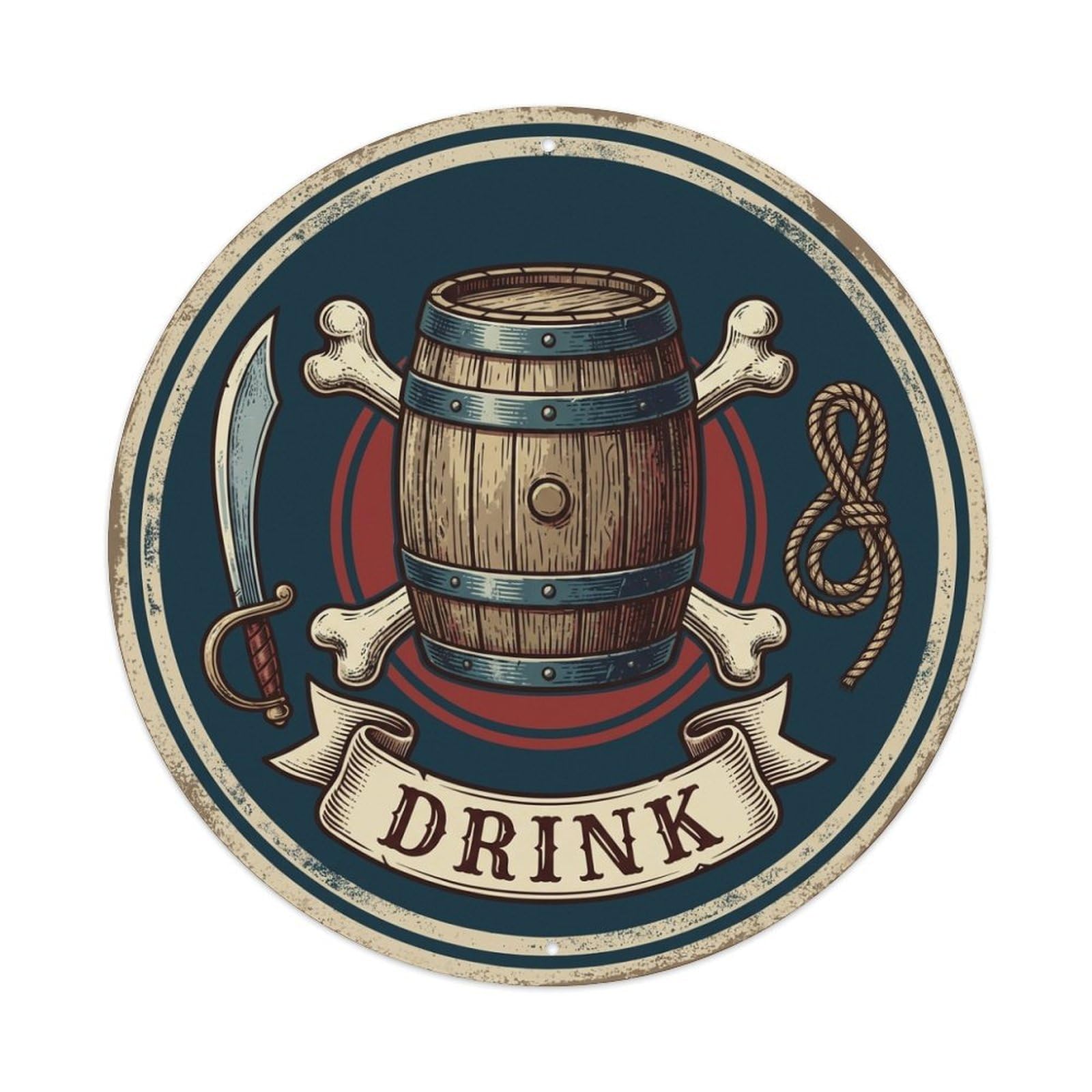 Drink Rum Barrel Crossbones Cutlass Buccaneer Metal Tin Sign