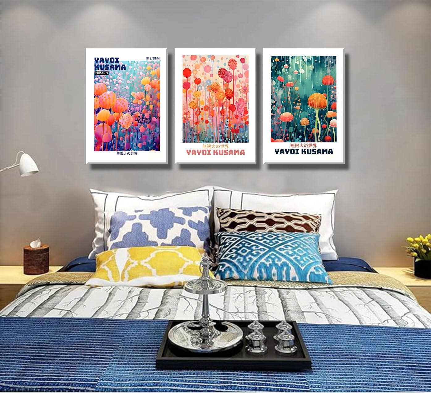 3 Pcs Yayoi Kusama Canvas Wall Art Abstract Japanese Botanical Wall Decor Pictures Vintage Tokyo Aesthetic Posters Prints for Bathroom Kitchen Gallery Living Room Bedroom Decoration