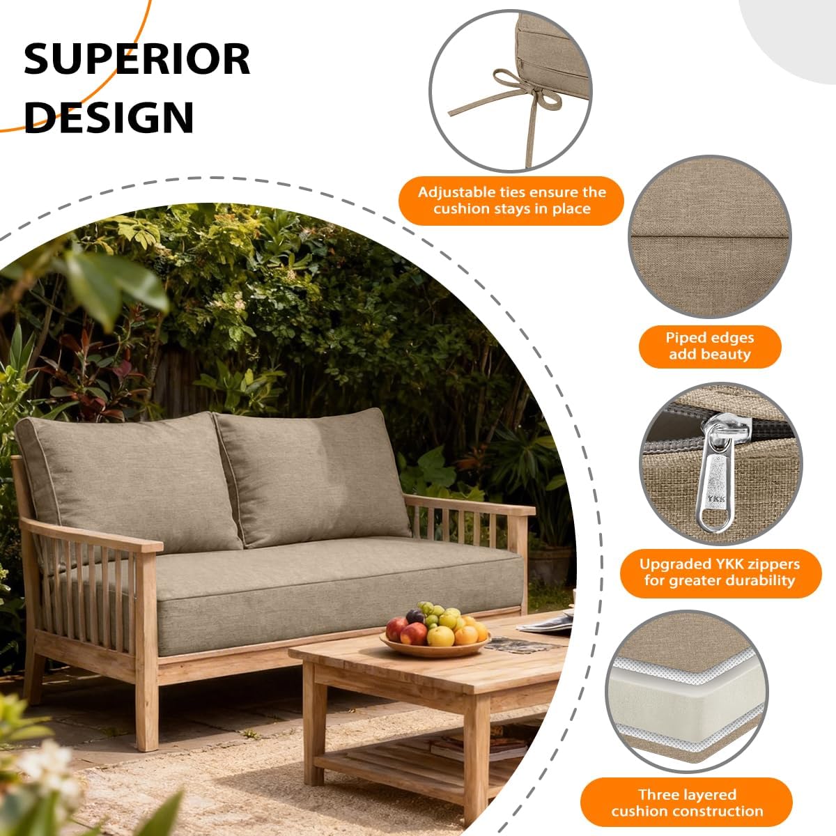 Sundale Outdoor Olefin Loveseat Cushion Set with Pillow, 46x26x6 Inch, Waterproof and Fade Resistant Patio Cushions with Straps for Sofa, Khaki