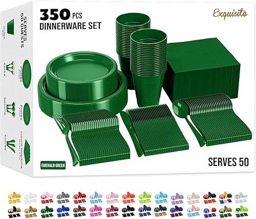 Juego de 350 platos de plástico verde esmeralda para fiestas, juego de platos desechables verde esmeralda, 50 de cada juego de platos llanos de 9