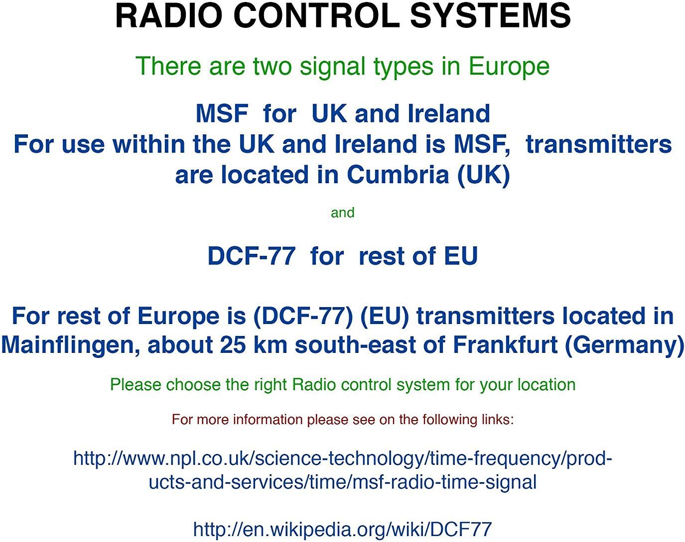 Diagram explaining MSF and DCF-77 radio control systems for time synchronization in Europe.