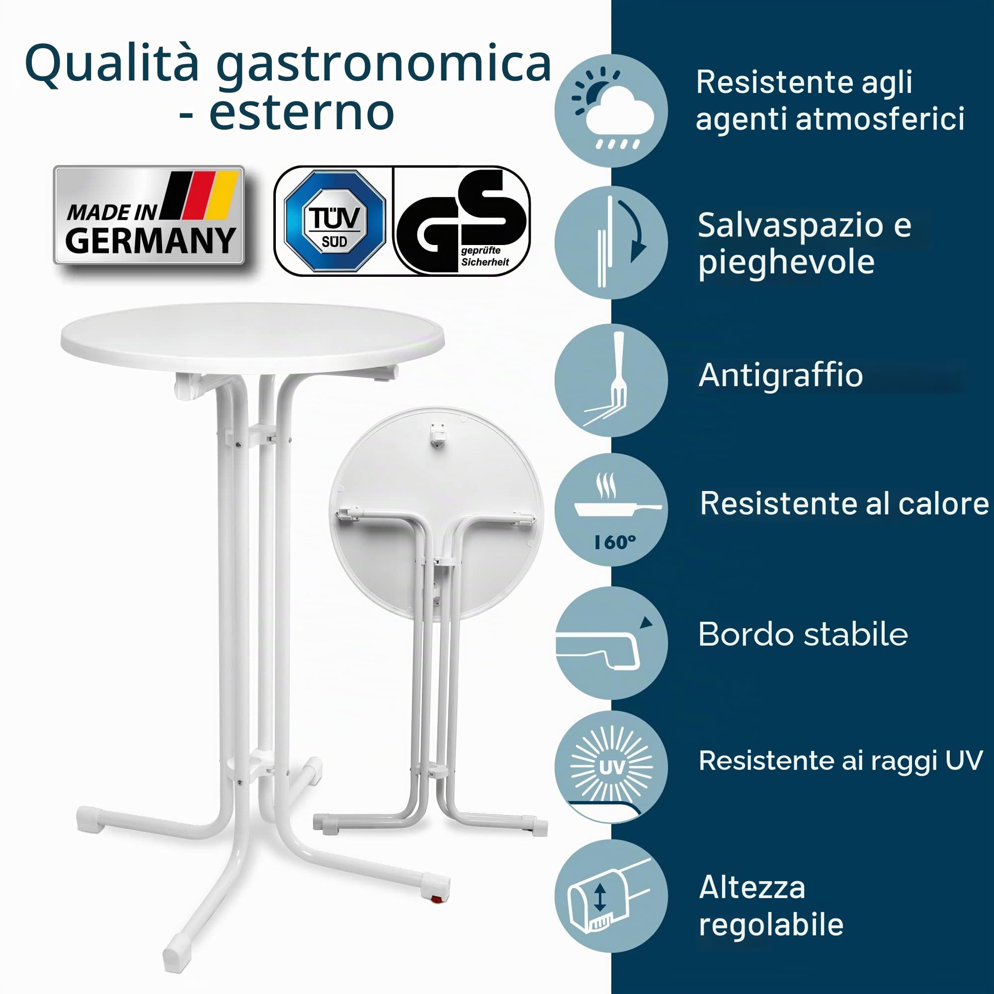 Beautissu Gastro Tavolo alto pieghevole bar esterno da giardino cucina | Ø70cm Bianco Tavolino per bistrot e pub resistente al calore e ai graffi rotondo regolabile altezza certificato Sylt
