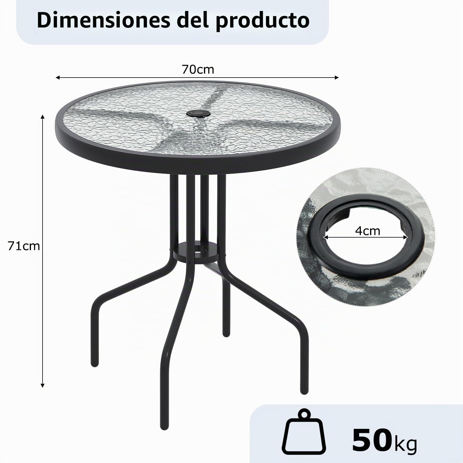 FANTASK Mesa de bistró con Tablero de Cristal Templado, 70 x 70 x 71 cm, Mesa Redonda para balcón, Mesa de Comedor al Aire Libre para terraza, Lacado Negro