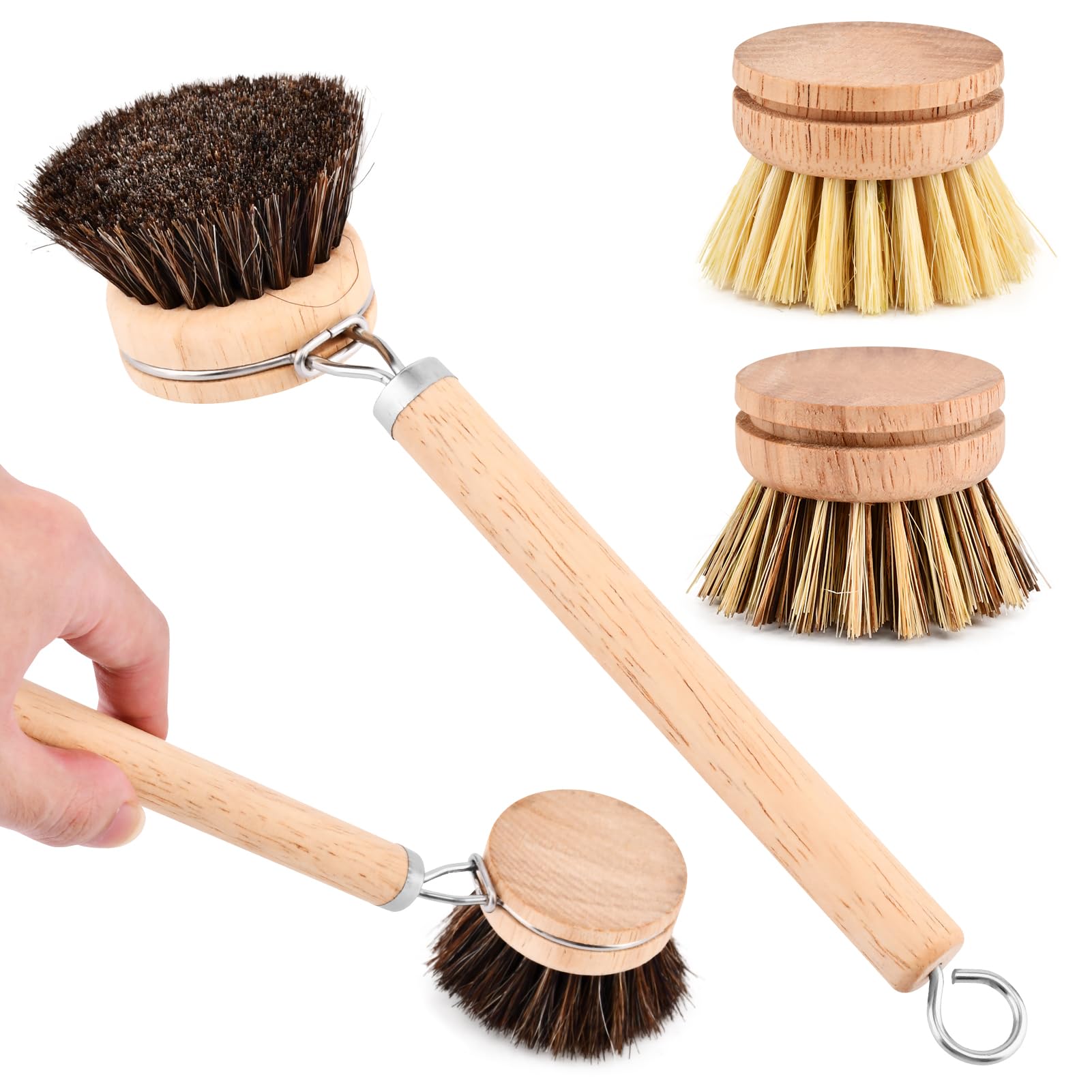 Juego de cepillos de bambú para platos, 1 mango de madera con 3 cabezales de cerdas naturales, cepillo multiusos de cocina con sisal y crin de caballo de palma para limpiar platos, sartenes y verduras