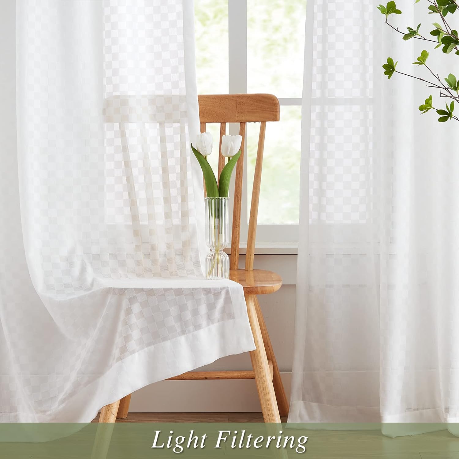 Melodieux Off White Gingham Sheer Curtains 84 Inches Long for Bedroom, Living Room Buffalo Check Plaid Light Filtering Rod Pocket Cotton Sheer Drapes, 54" W x 84" L (2 Panels)